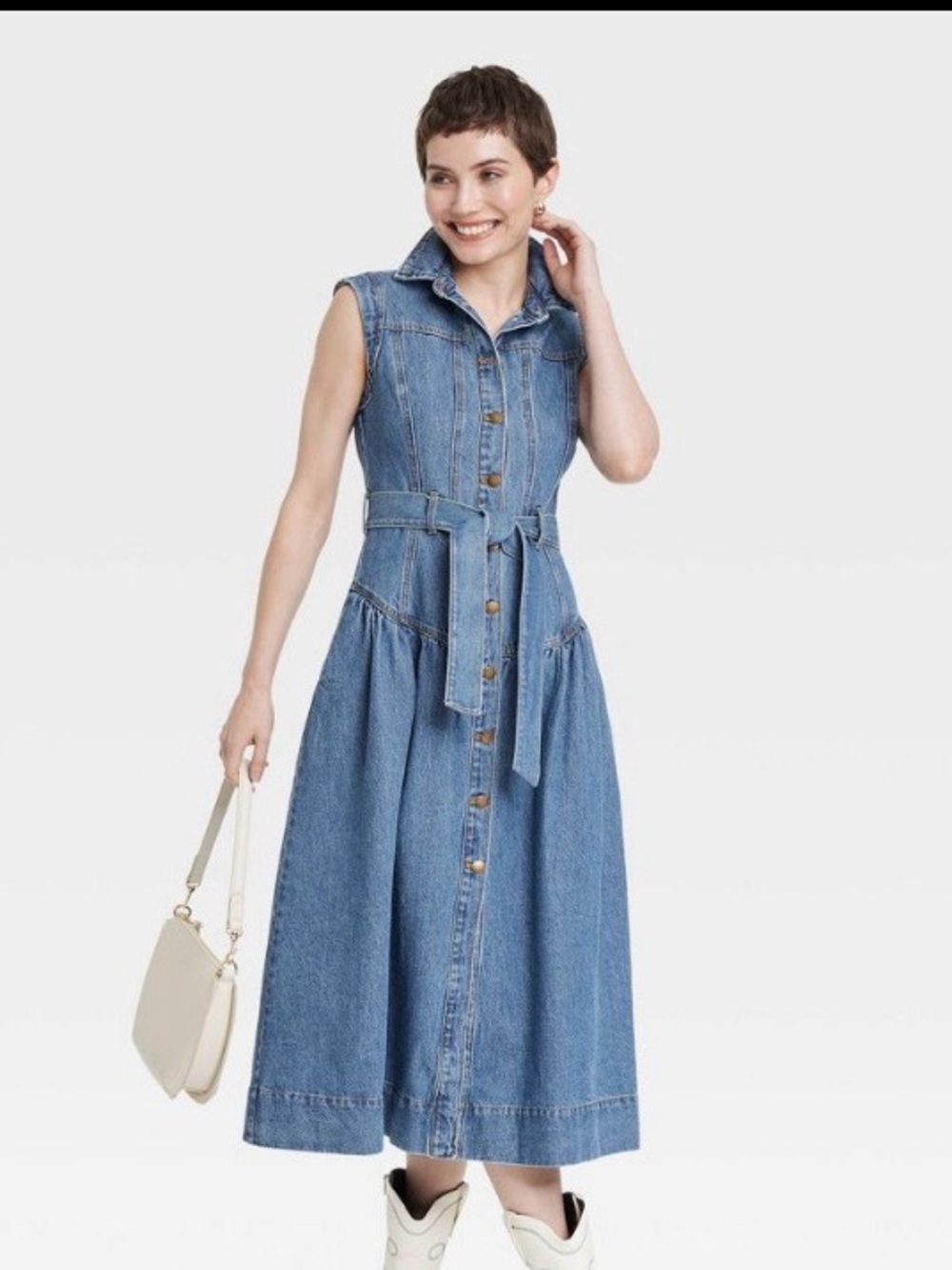 Universal Thread Sleeveless Denim Midi Dress in Blue with Tie Waist